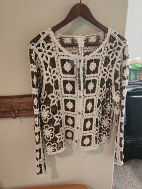 NWT, Ulltra Pink Brand, Crochet Openwork Cardigan in Cream & Brown